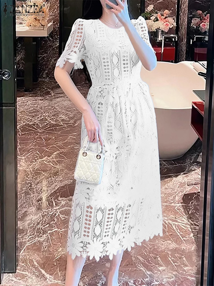 

Lace Elegant Dress Women Office Work Sundress Casual High Waist Robe Fashion Short Sleeve A-Line Party Vestido 2025 ZANZEA S-3XL