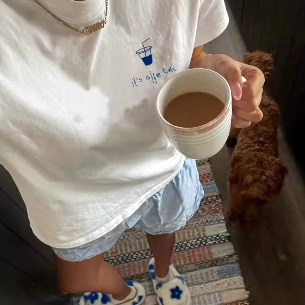 

Its Coffee Time Pocket Printing Женская белая футболка с коротким рукавом Свободные хлопковые повседневные топы Футболки Ins Модные рубашки для любителей кофе