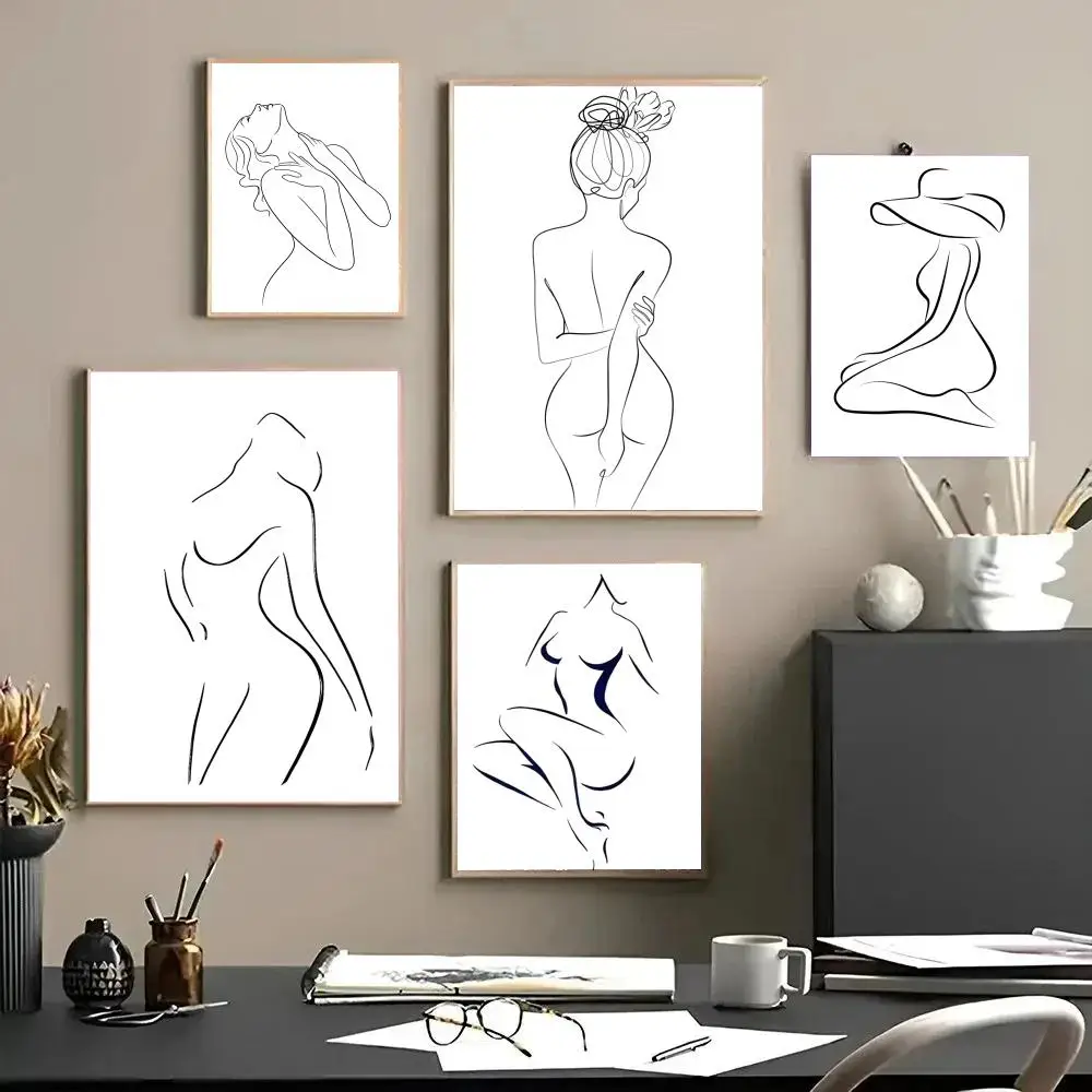 Fashion Woman's line drawing Poster Decorative Wall Art Stickers Mural Photo Print for Home Living Room Hallway Decor