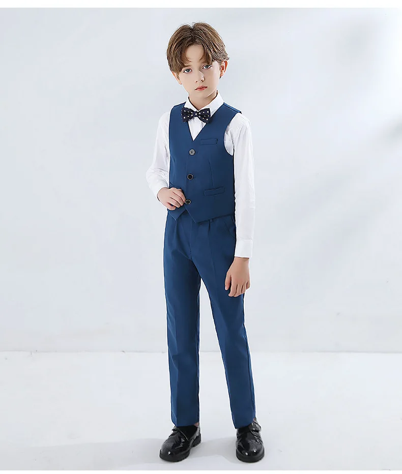 

Children Coral blue Slim Fit Vest Shirt Pants Bowtie Photograph Suit Boys Piano Violin Tuxedo Dress Kids Performance Costume