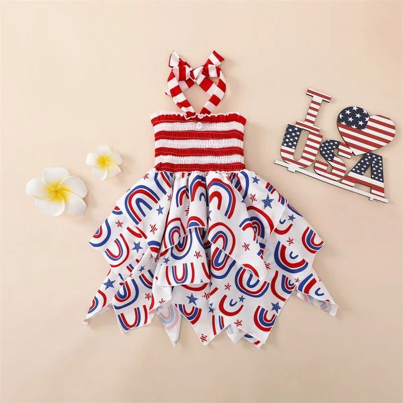 2023-04-11 Lioraitiin 0-5Years Toddler Baby Girl Fourth of July Dress Sleeveless Halter Neck Stripes Print Ruffle Dress