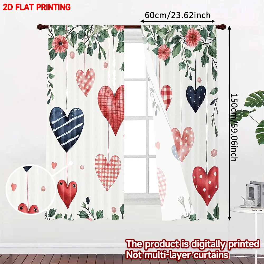 2D flat printing 2pcs Curtain Curtain Valentine's Hanging Hearts Digital Printed Polyester Drapes Holiday Decorations Perfect