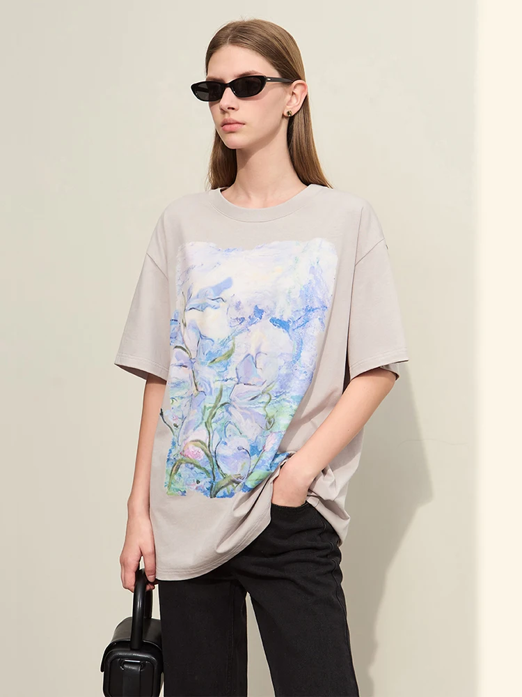 Amii Minimalism T-shirt For Women 2024 Summer New Short-sleeve Cotton Mid-length Art Oil Paint Print Casual Female Tops 12442171