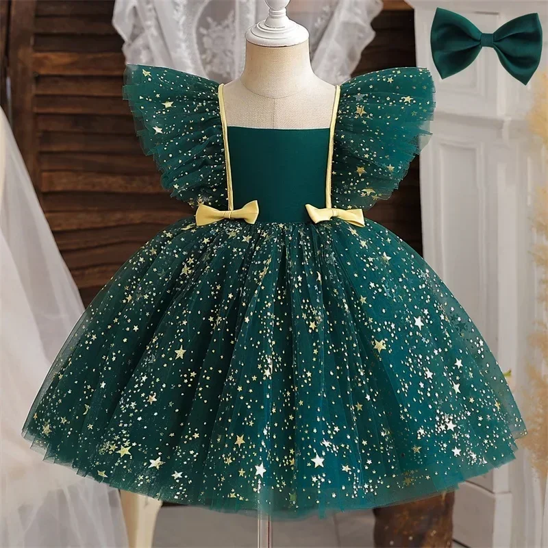 1 st Baby Girl  Birthday Princess Dress Sequined Star Ruffle Bow Tutu Gown Baby Formal Gala Prom Gown Kids Evening Party Costume