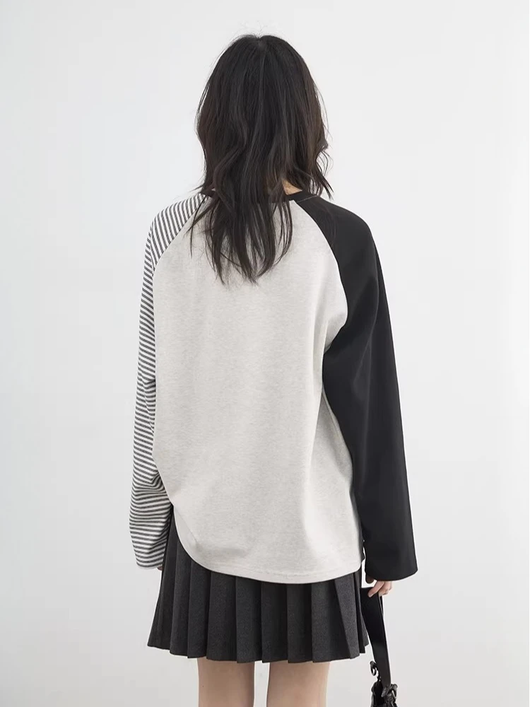CHIC VEN Women T-Shirts Korean Contrast Splicing Design Casual Loose O-Neck Pullovers Fashion Lady Clothes Autumn Winter 2026