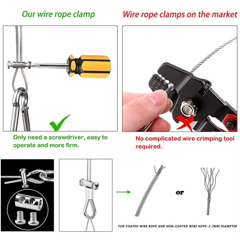 75STO-20PCS For 2/3Mm Adjustable Wire Rope Clip Double Hole Cable Clamp Thread Locker Clamps Screw Fixing Hardware Accessories