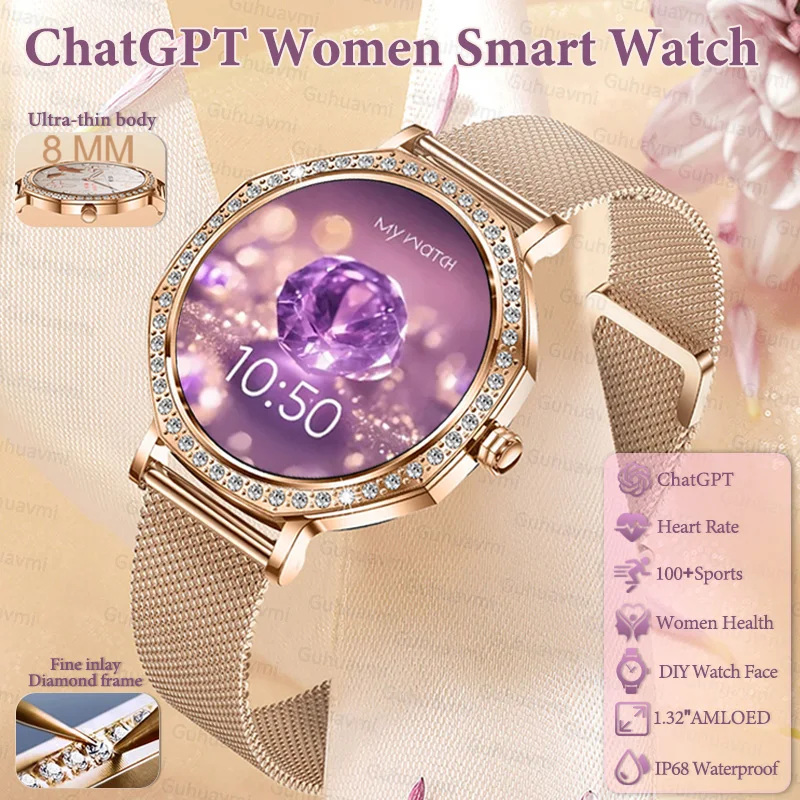 

NEW ChatGPT Women Smart Watch 8MM Ultra-thin Body Fitness Bracelet Custom IP68 waterproof Heart Rate Sport Smart Watches For IOS
