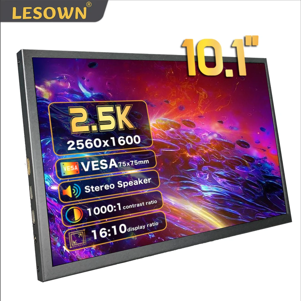 LESOWN Small Screen 10 inch Display USB-C HDMI-Compatible 2560x1600 IPS LCD Touchscreen Secondary PC Monitor，Built-In Speakers