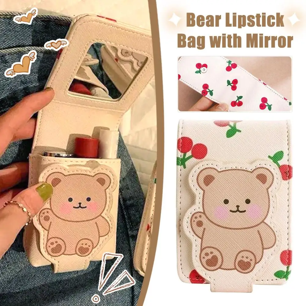 Bolsa de maquiagem portátil de viagem para mulheres, Little Teddy Lipstick Bags com tampa, Mini armazenamento de espelho de urso, saco cosmético, P3a6