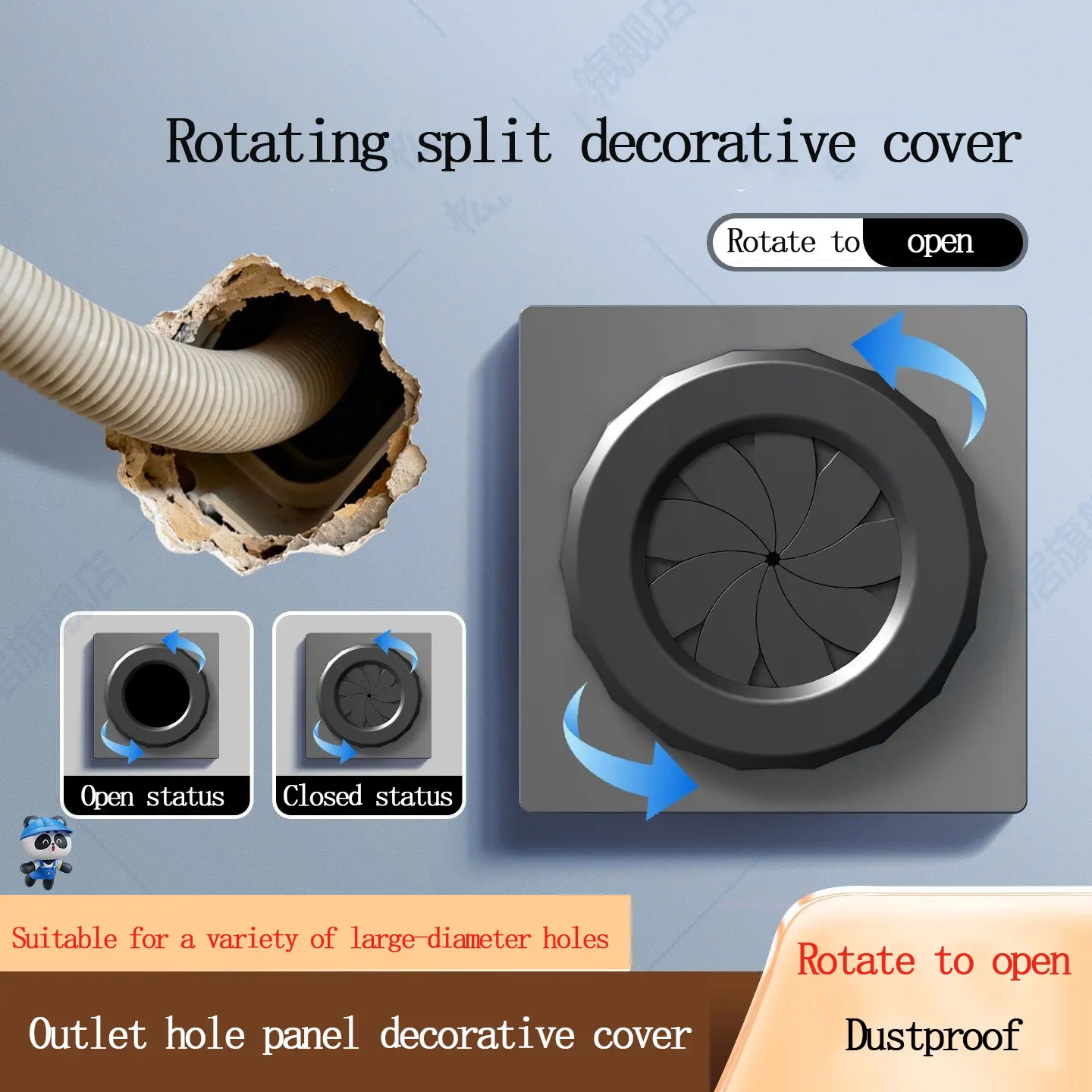 Large-Aperture Wiring Hole Panel 100-Type Gray Adhesive Wall Hole Cover Hide Unsightly Decorative Plate for Electronics