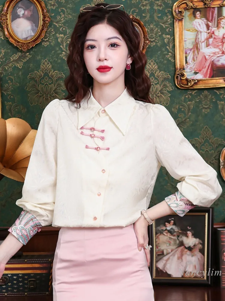 New National Style Blouse Women's Clothing Chinese Knot Button Shirt Autumn Top 2024 New High-End Temperament Long Sleeve Blusas