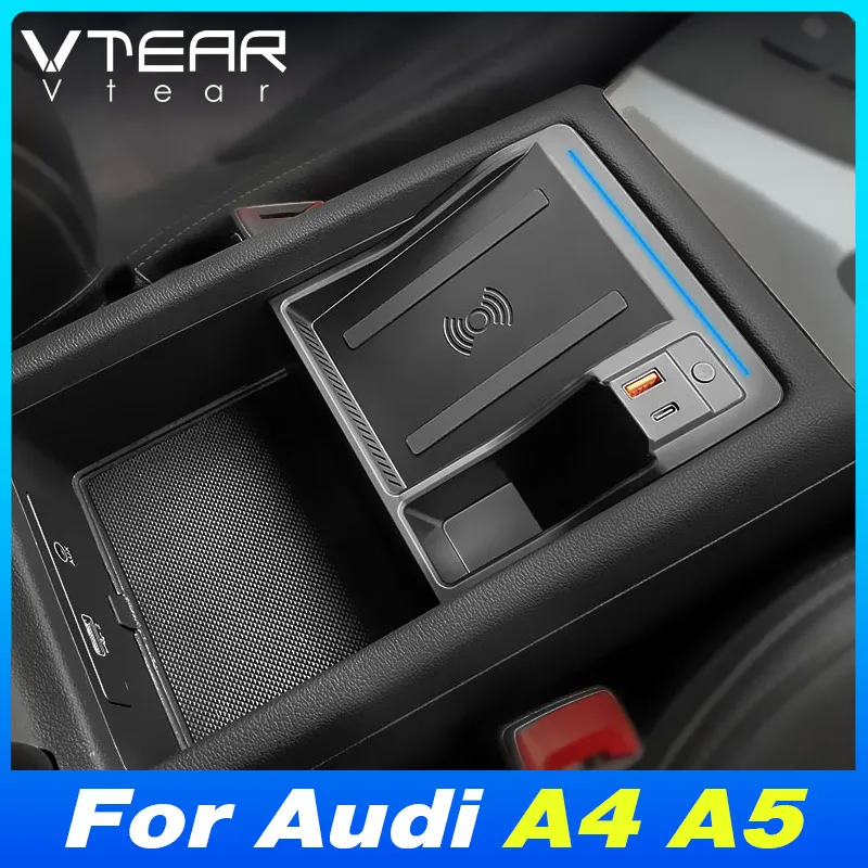 

Аксессуары для Audi A4 B9 RS4 A5 RS5 Беспроводное зарядное устройство Быстрая Зарядка телефона с подлокотником коробка для хранения внутренние детали 2023-2017