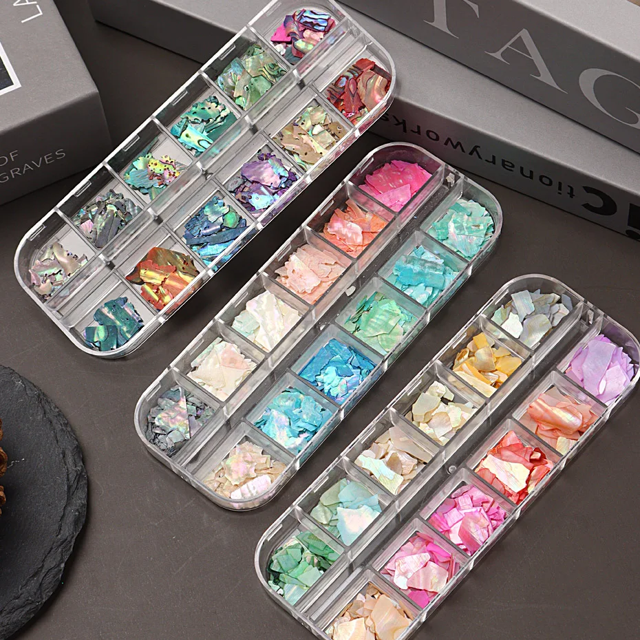 12 siatka brokat płatki muszli Abalone do zdobienia paznokci dekoracje 3D Charms wiosenne letnie plastry DIY Manicure błyskotka akcesoria — zdjęcie 7