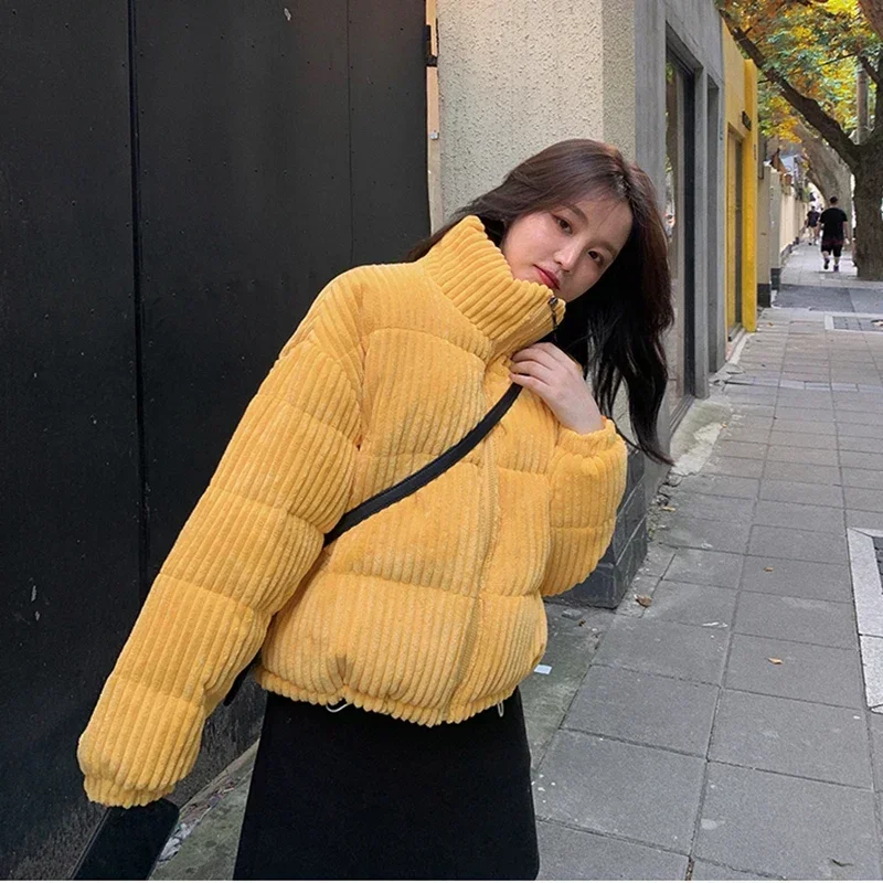 2024 New Winter Corduroy Short Jacket Women Korean Style Thick Zipper Cotton Parkas Woman Stand Collor Warm Outwear Bubble Coats