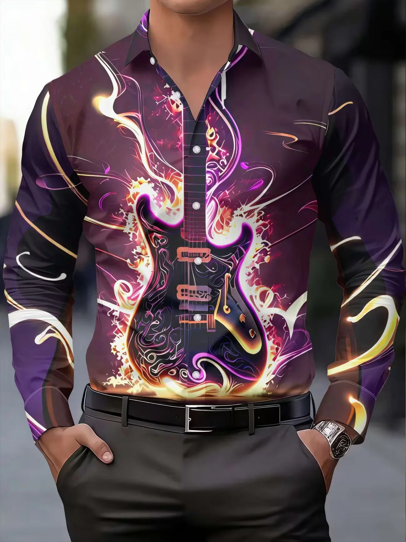 

New ice blue flame printed men's long sleeved shirt trendy street style slim fit casual personalized shirt