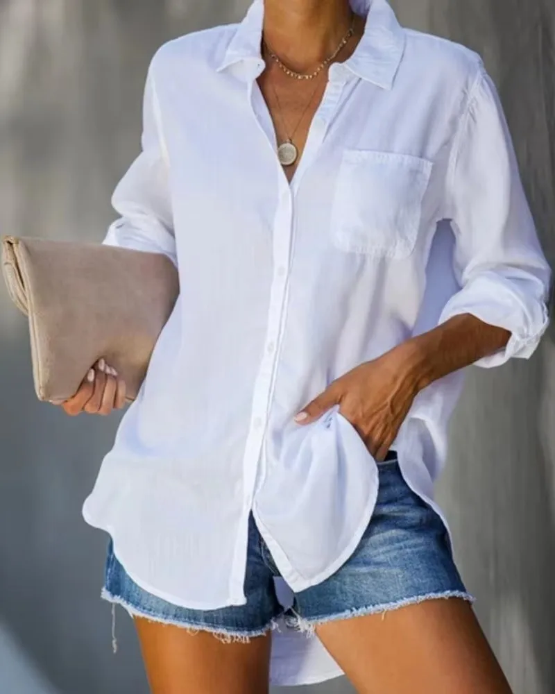 

New European and American women's shirt solid color casual loose breasted shirt women's clothing