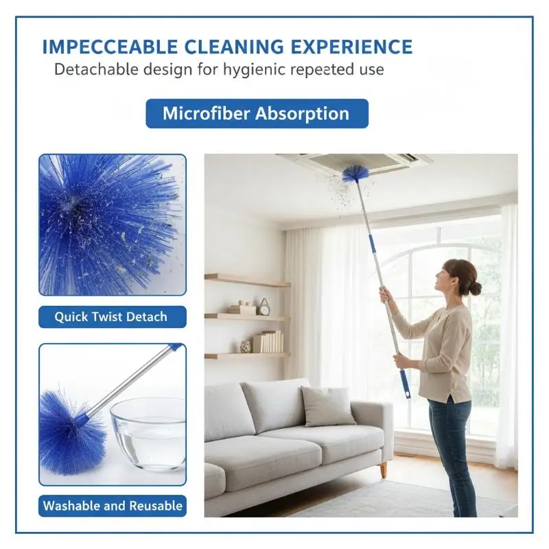 1pc Extendable Spider Web Duster With Medium Stiff Bristles Retractable Stainless Steel Pole For Indoor Outdoor Cleaning