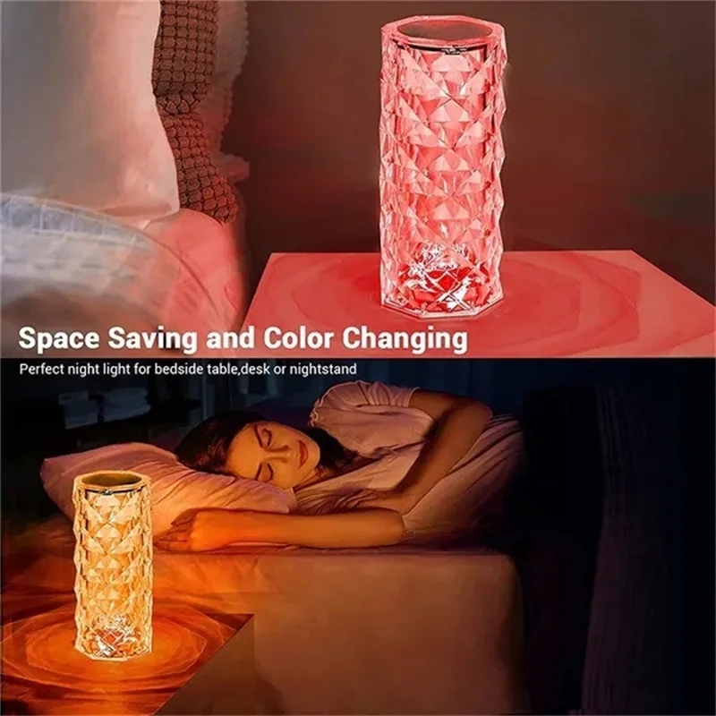 Rose Crystal Lamp Crystal Lights Touching Control with USB Port 3/16 RGB Color Changing Romantic Rose Diamond Table Lamp