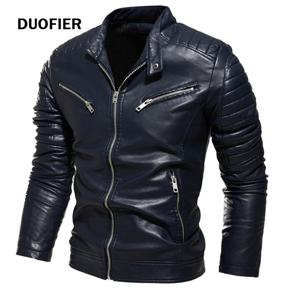 2024 Winter Black Leather Jacket Men Fur Lined Warm Motorcycle Jacket Slim Street Fashion BLack Biker Coat Pleated Design Zipper