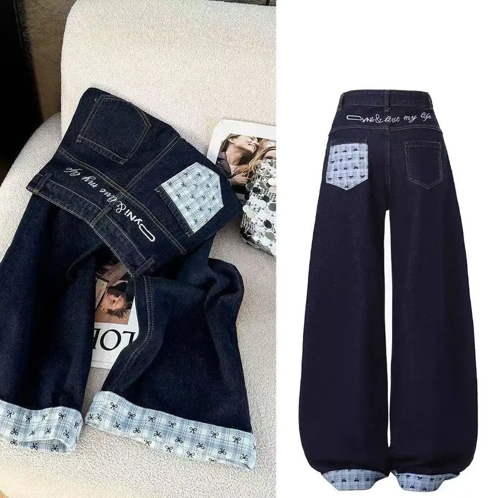 

Deep Blue Women's Jeans Spring Autumn New Style Color Collision Letter Embroidery High Waist Large Size Straight Leg Flip Wid...