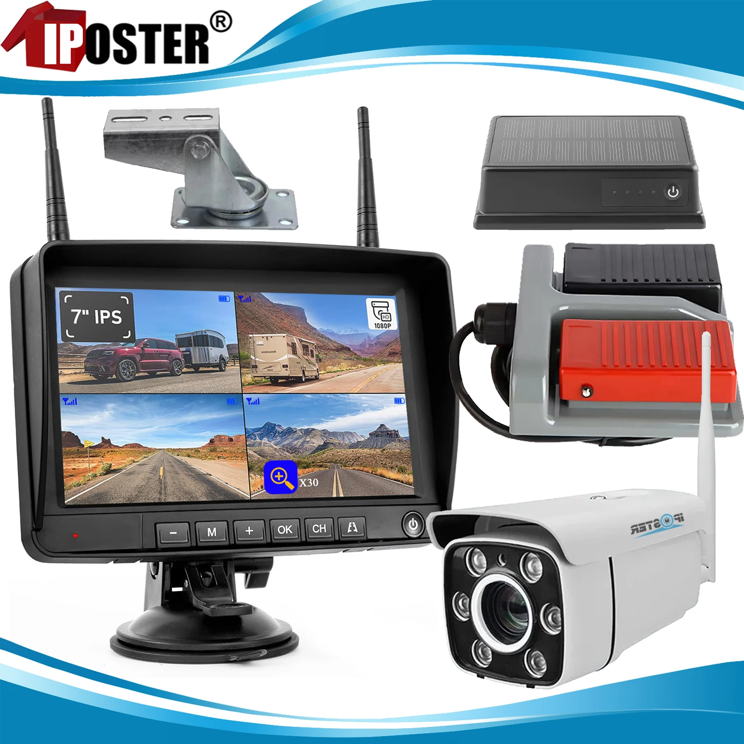 

iPoster 7-дюймовый IPS-экран DVR монитор 1080P 30-кратный оптический зум беспроводная камера сцепка для крана/башенного крана/вилочного погрузчика/прицепа/грузовика