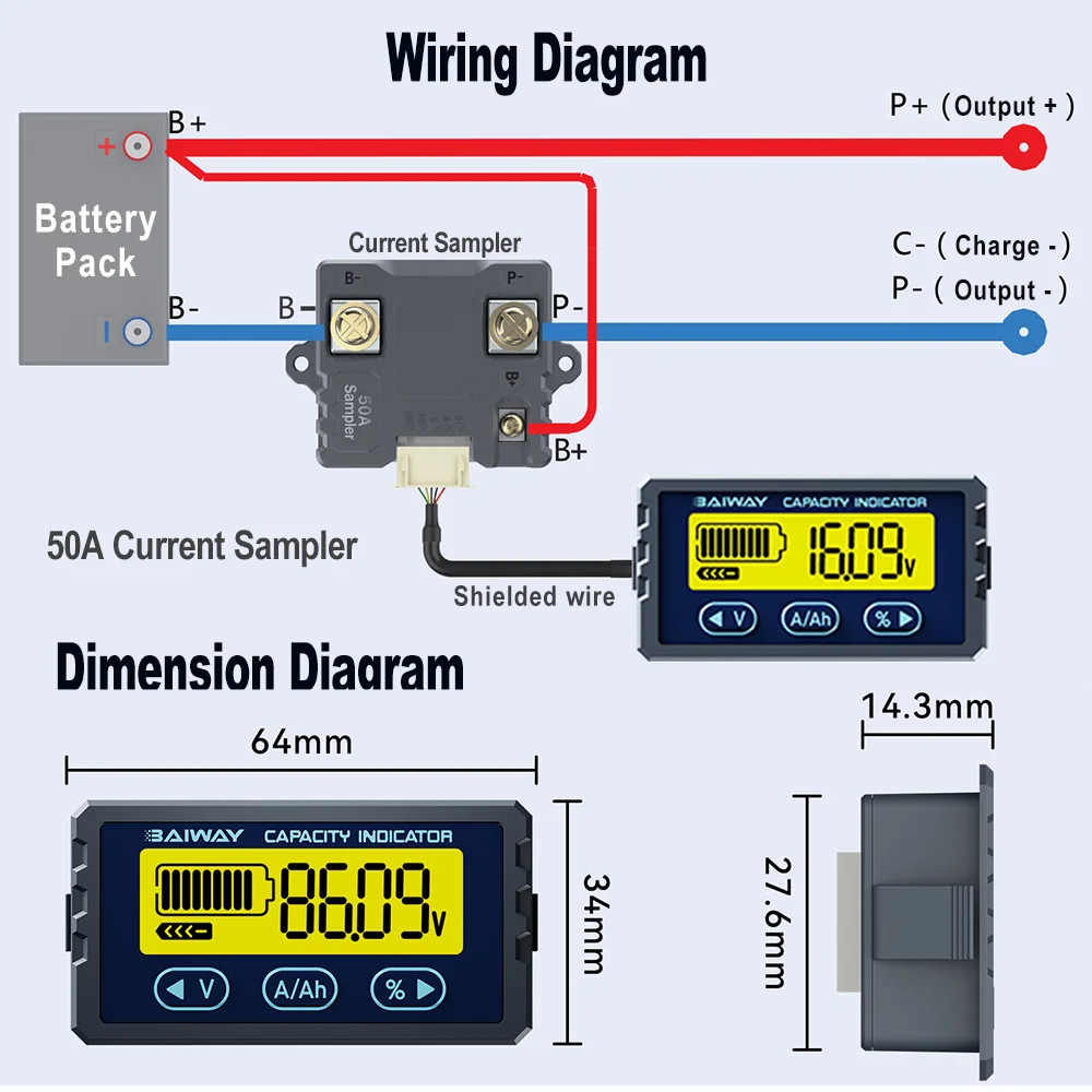 TY23 Batteriekapazitätsanzeiger 8V-120V 50A 100A, Li-Ion Lifepo4 Blei-Säure Lithium Spannungstester – Detail 5