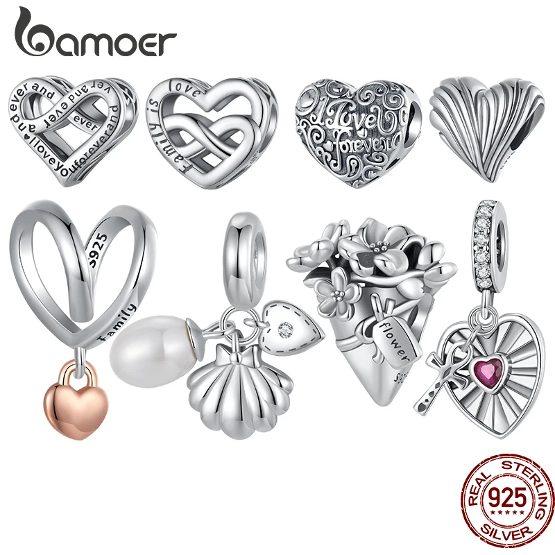 Bamoer Original 925 Sterling Silver Forever Love Charm Heart Bouquet Pendant Lovers Family Friendship For Women DIY Fine Jewelry