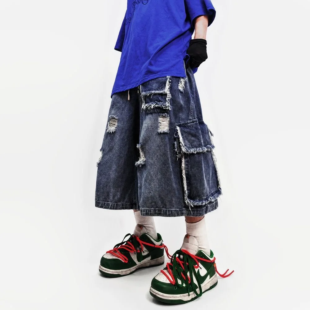 Men Hip Hop Shorts Blue Broken Holes And Rough Edges Loose Ripped Wide Leg Jeans Shorts Streetwear Vintage Baggy Shorts