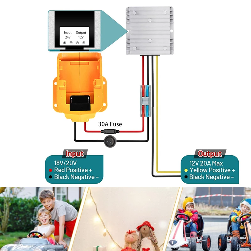 

Понижающий преобразователь от 18 В до 12 В для аккумулятора DeWalt 18 В, регулятор напряжения постоянного тока 12 В, 20 А, 240 Вт, автоматический понижающий преобразователь с предохранителем 30 А