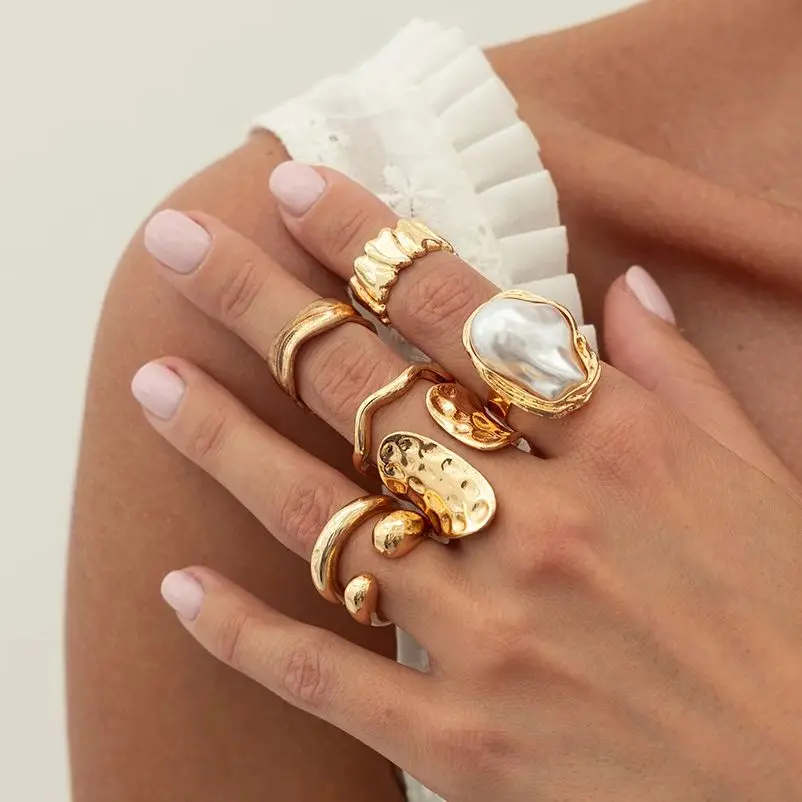 SHIXIN 7Pcs Baroque Imitation Pearl Chunky Open Rings Set for Women Smooth Irregular Wave Adjustable Rings Trendy Finger Jewelry