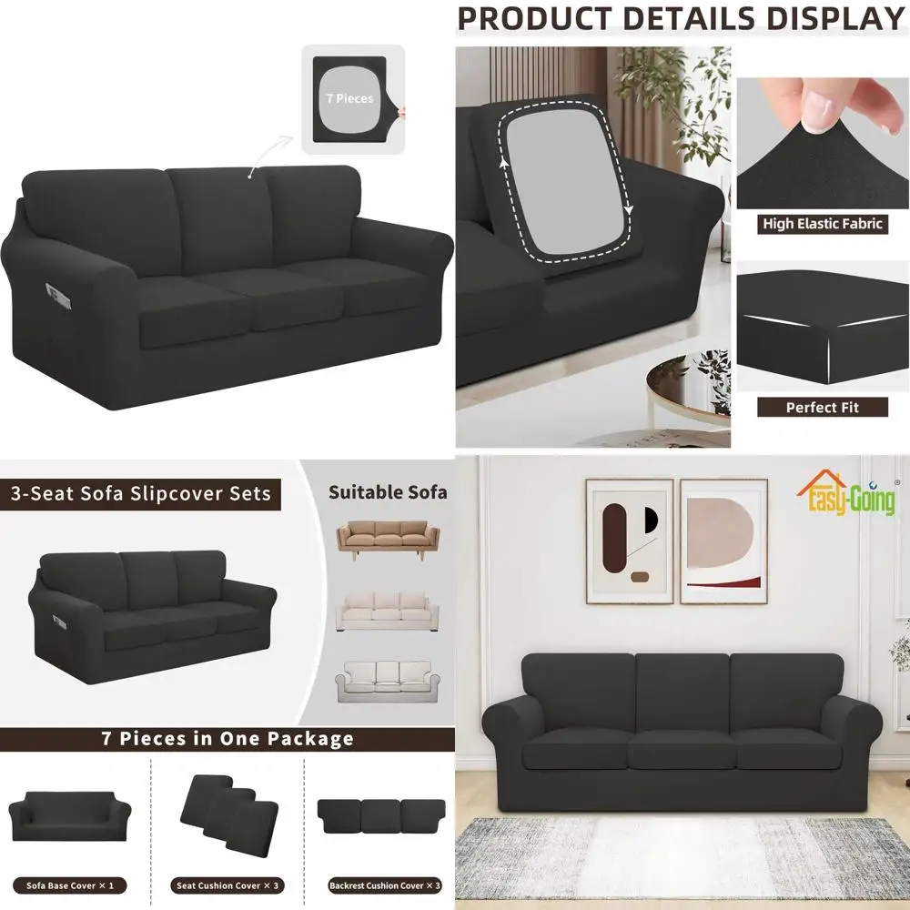 

Растягивающийся набор чехлов для дивана из 7 предметов, чехол для дивана с противоскользящим покрытием для 3 спин и подушек сидений