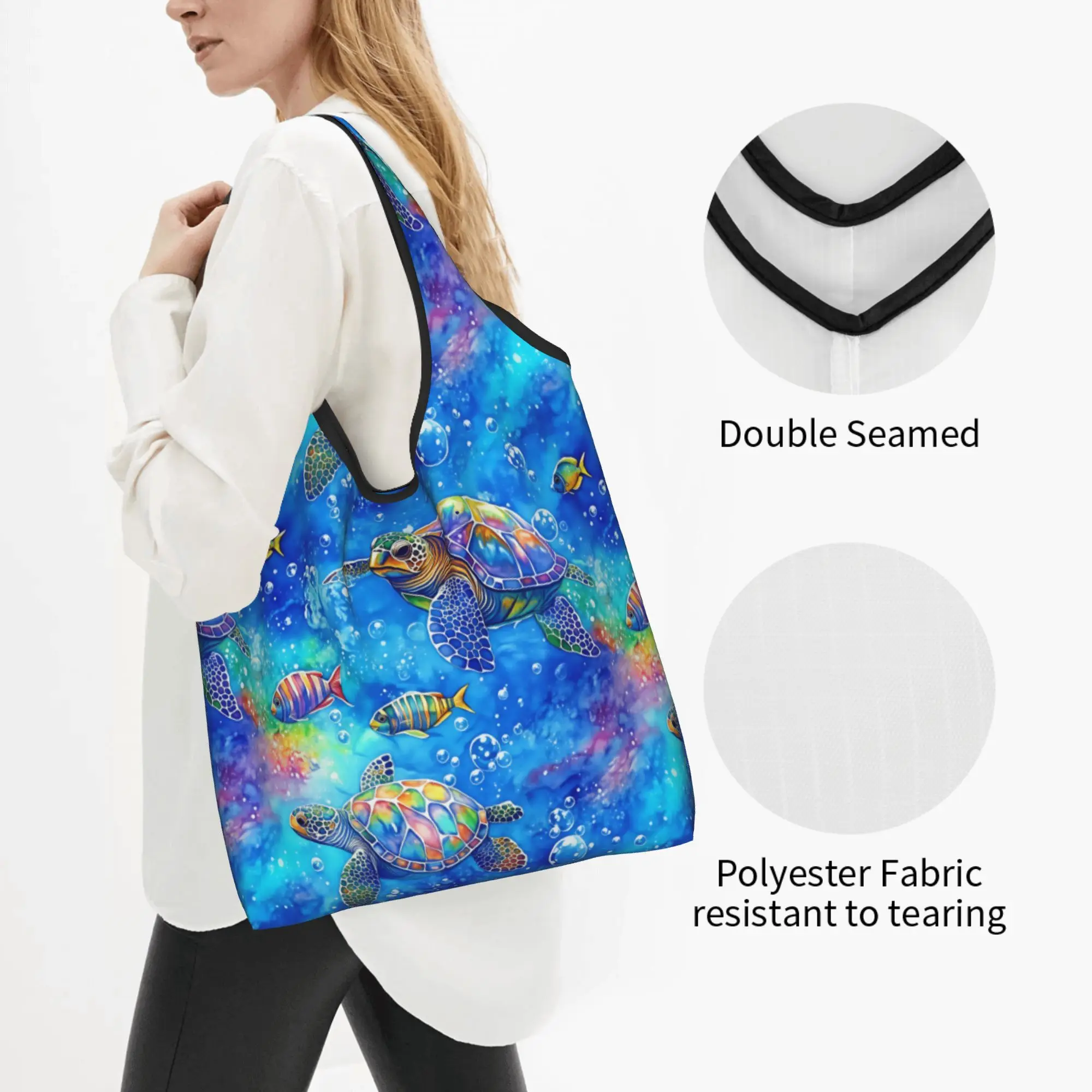Bright Tropical Watercolor Sea Turtles Groceries Shopping Tote Bags Women Custom  Shoulder Shopper Bags Big Capacity Handbags