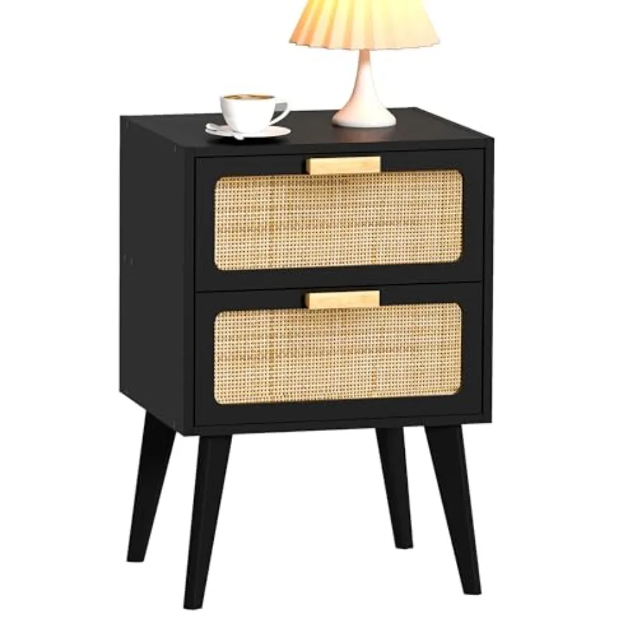 

Rattan Nightstand Wood End Table Side Table with 2 Hand Made Rattan Decorated Drawers Boho Bedside Table Wood Accent Table with