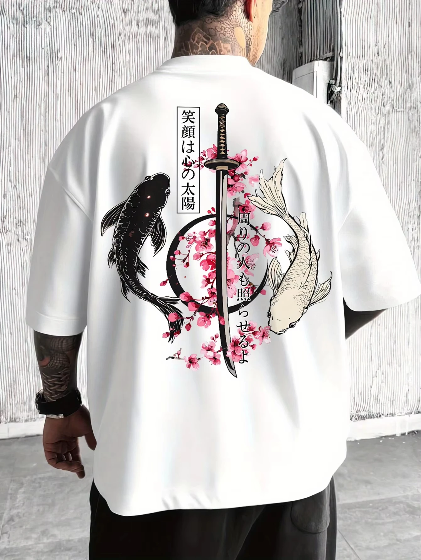 Summer New Japanese Yin Yang Koi Fish & Samurai Sword Pattern Cotton Men’s T-Shirt Short Sleeve Tees Casual Oversized Unisex Top