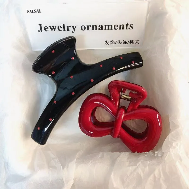 2Pcs French Style Black Polka Dot Red Bow Hair Clip Shark Claw Horsetail Clamp Hairpin Barrette Korean Hair Accessory For Women
