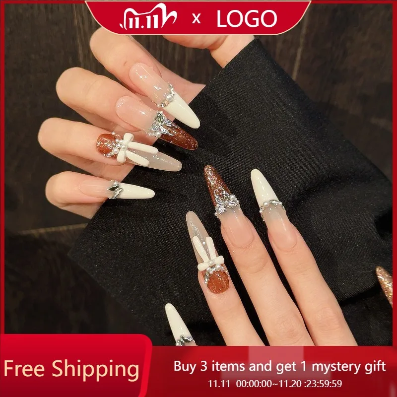 

10 шт., набор для ногтей ручной работы, шикарный дизайн с бантиком во французском стиле, дизайн с бантом риса, нажмите на типсы, идеальный подарок для женщин и друзей