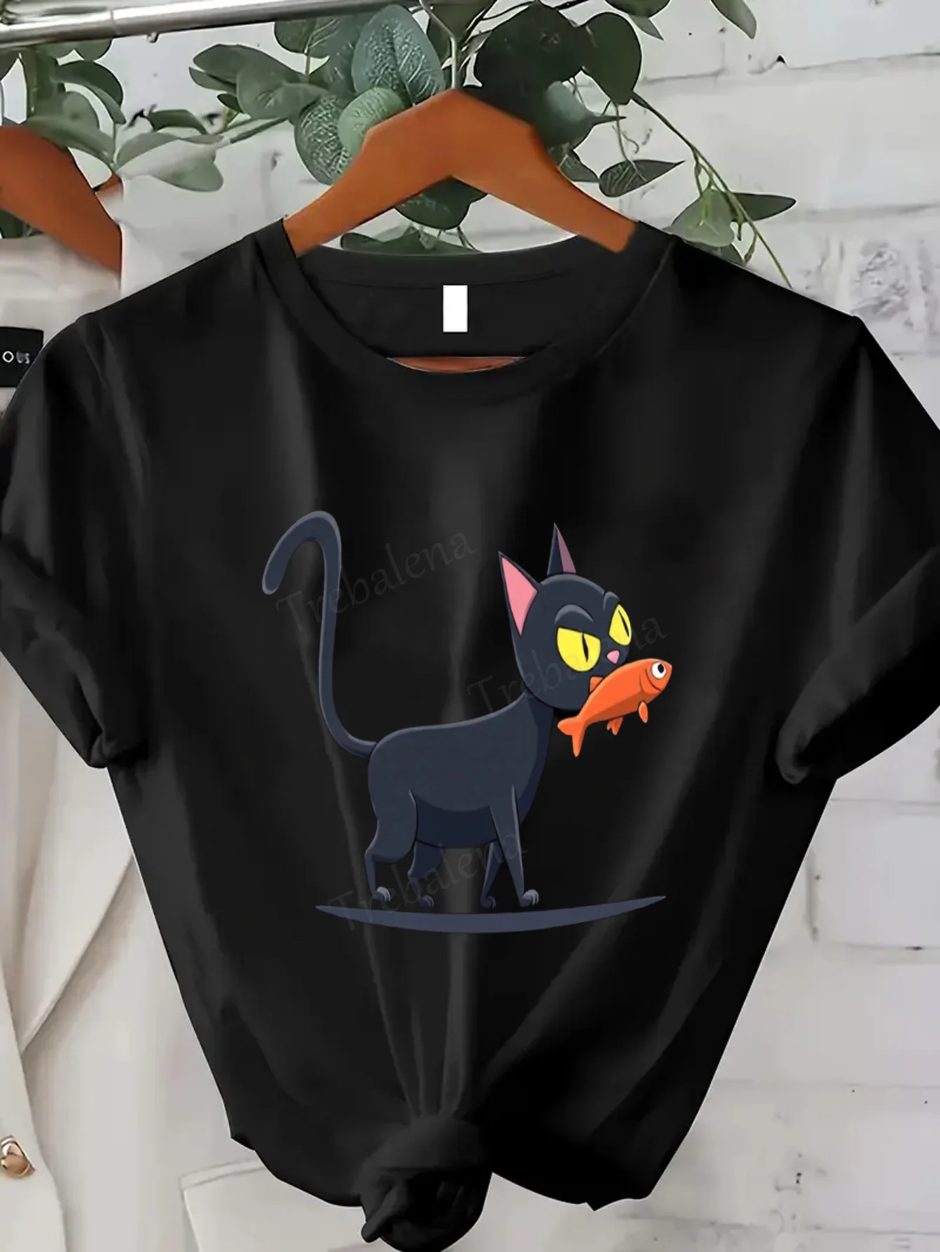تي شيرت نسائي لطيف على شكل قطة مع طباعة سمكة تي شيرت نسائي كاجوال #1