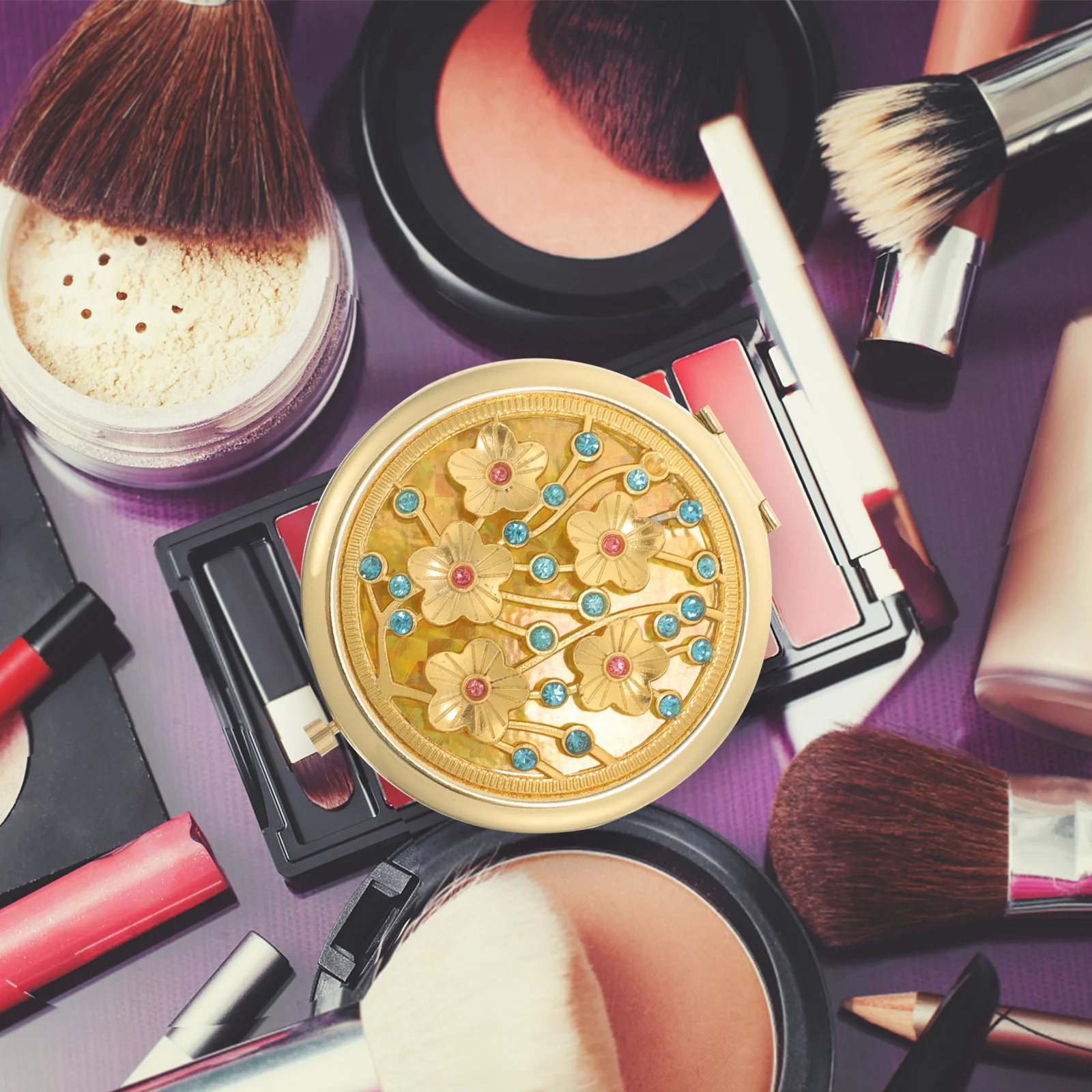 مرآة مدمجة لحقيبة اليد، مرآة مكياج صغيرة بلمسة نهائية ذهبية عتيقة مع انعكاس واضح، مثالية للسفر في الهواء الطلق #1