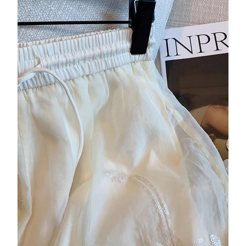 

New Chinese Sle Sequin Embroidery Waist ort Pants Women's Summer High Waist Slimming Wide Leg Trousers Faionable Ele