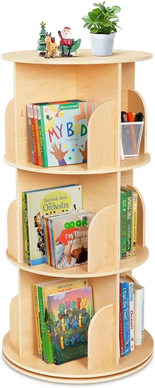 Rotating Bookshelf, Small Corner Bookshelf for Small Space, 360° Display 3 Tier Floor Standing Bookshelf Storage Rack, Wood