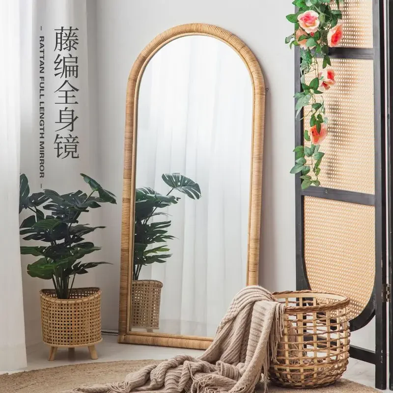 Vine woven mirror, retro style, real vine floor standing  , household full body  , wall fitting mirror, makeup  ,