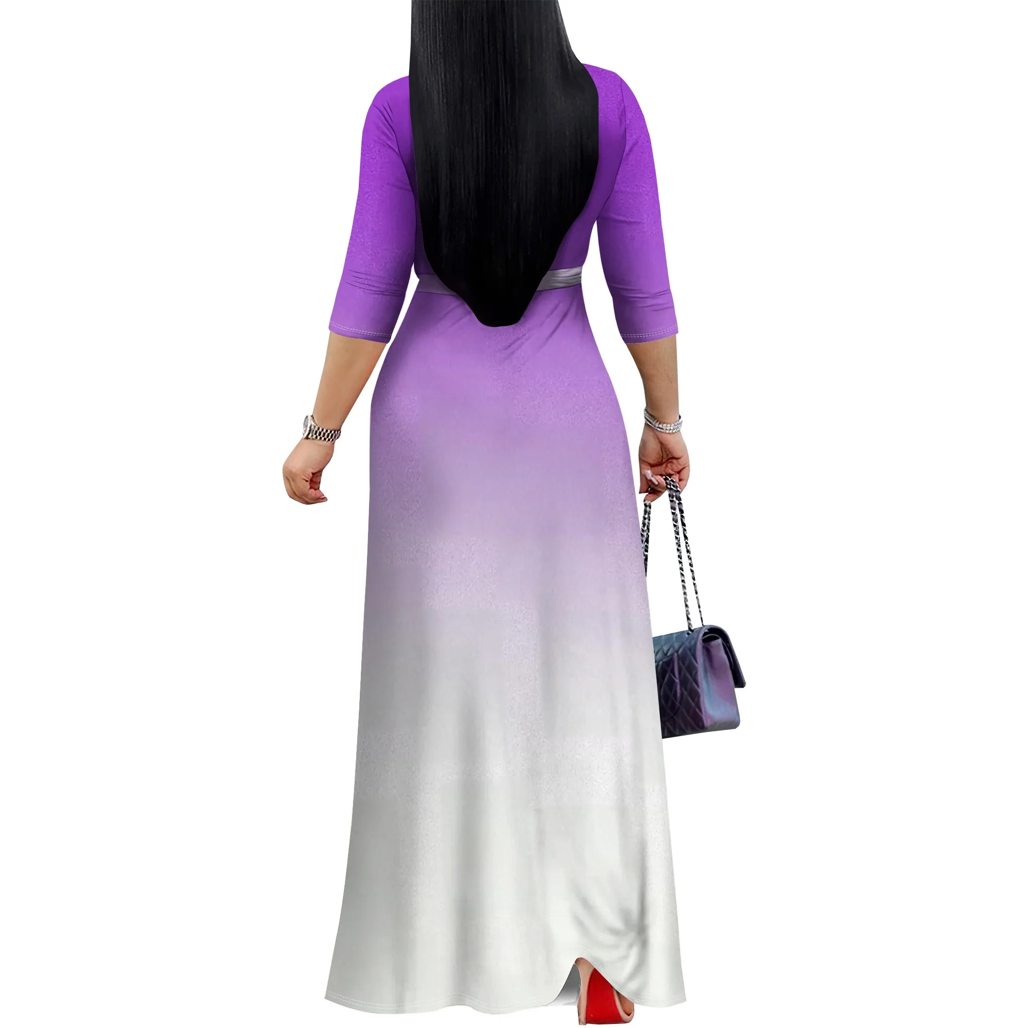 Robe longue portefeuille pour femmes, col en V, manches 3/4, taille haute, mi-longue, robes d'invitées de mariage élégantes avec ceinture