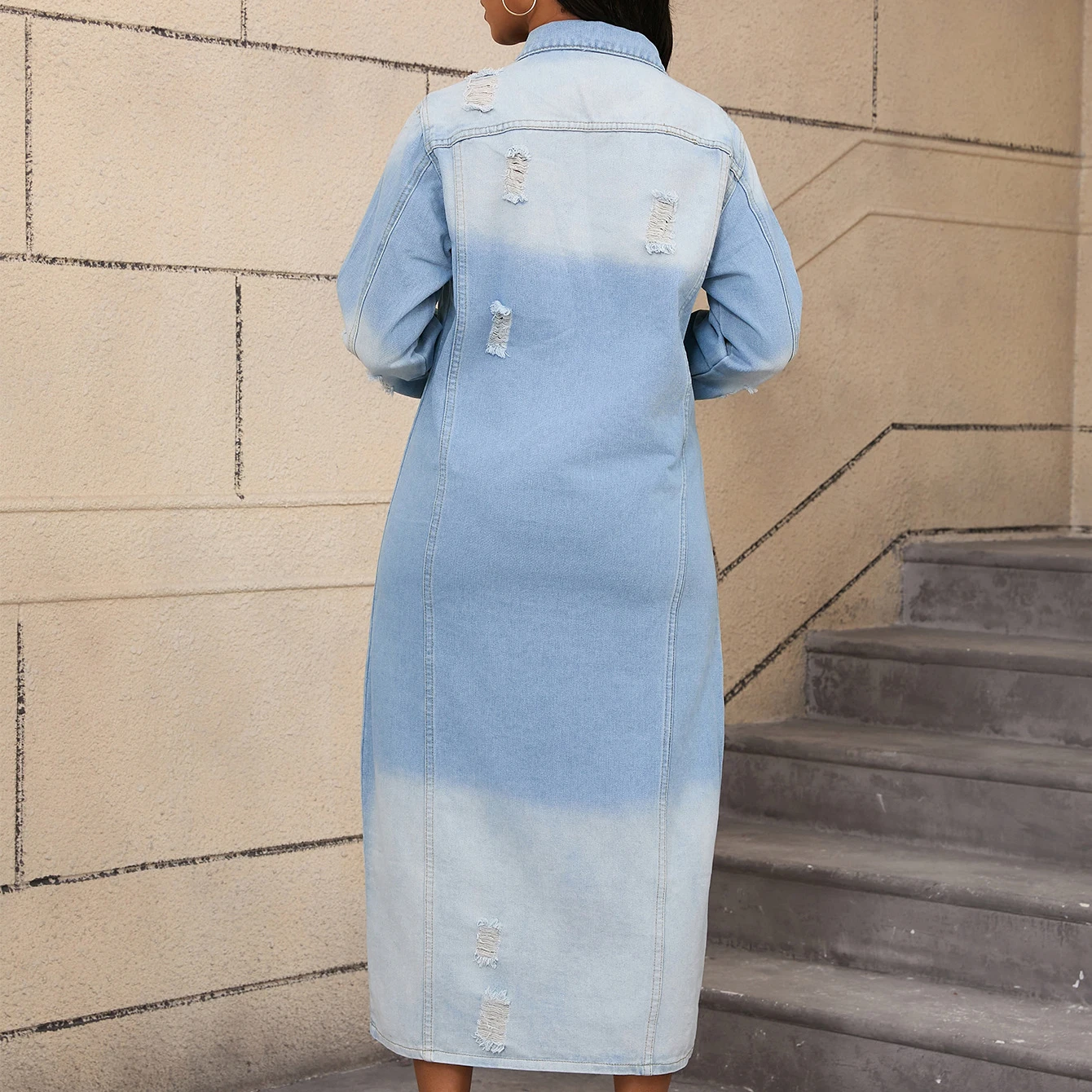 Trench da donna in denim stile buco monopetto al ginocchio stile giacca di jeans con design sfumato rovesciato soprabito blu