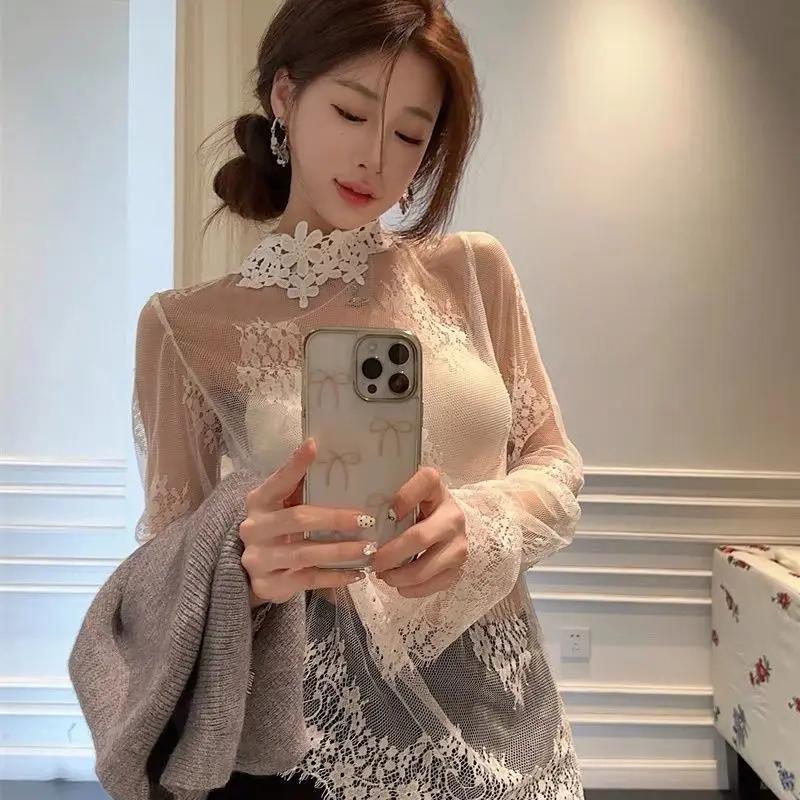 

Women's Lace Mesh Base Shirt Hollow out Fashion Inner Wear Top Elegant Style Long Sleeve High Collar Color Girls' Clothes
