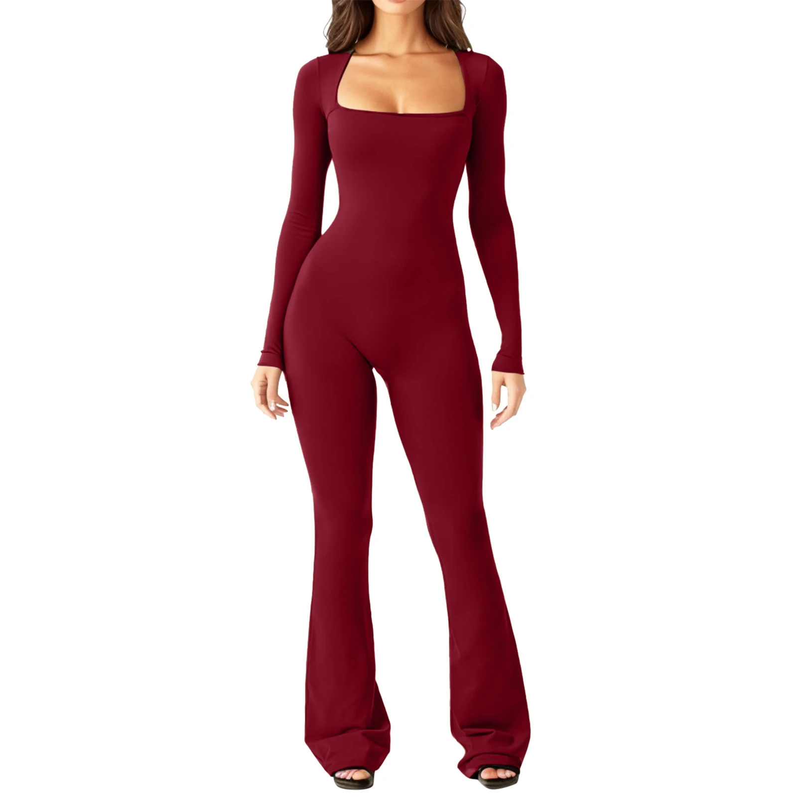 

Women Square Neck Jumpsuit Overalls Long Sleeve Bell-Bottomed Full Bodysuit Running Suit Stretch Sportswear Leisure Fit Playsuit