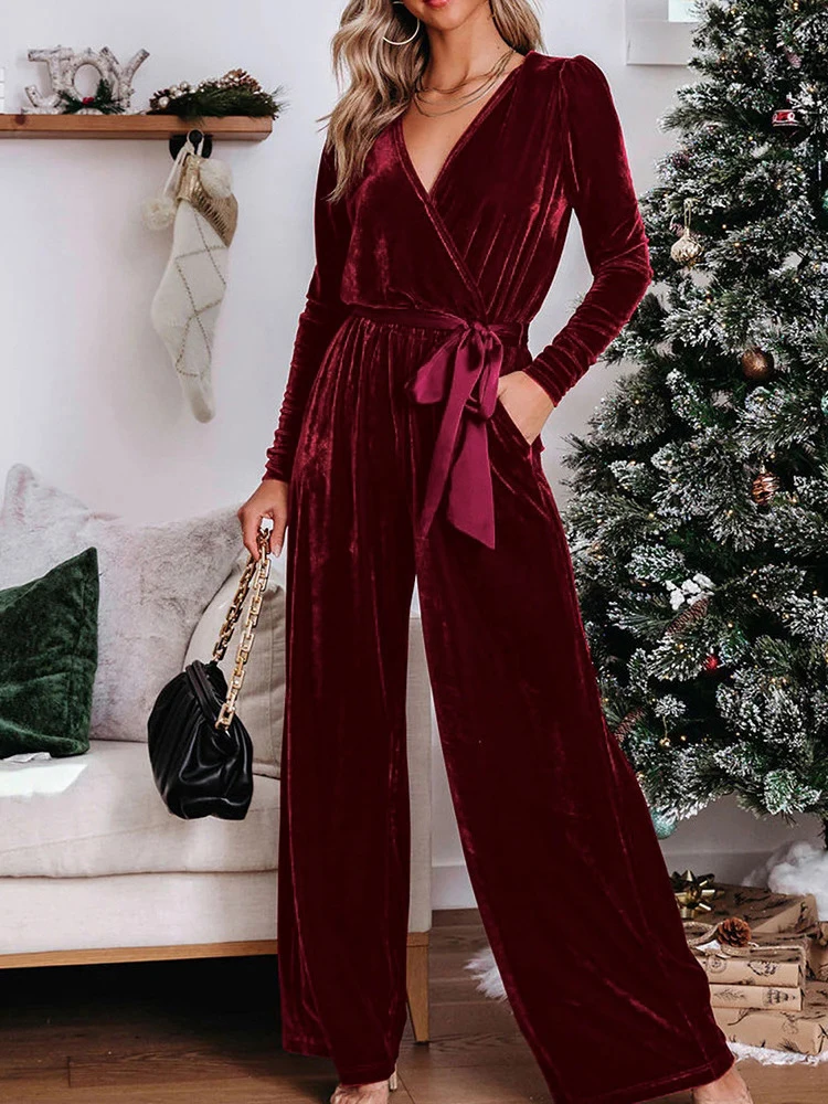 

Сексуальный комбинезон на шнуровке с v-образным вырезом и бантом, женский повседневный рождественский комбинезон с длинными рукавами и широкими штанинами, элегантный однотонный бархатный комбинезон High Street