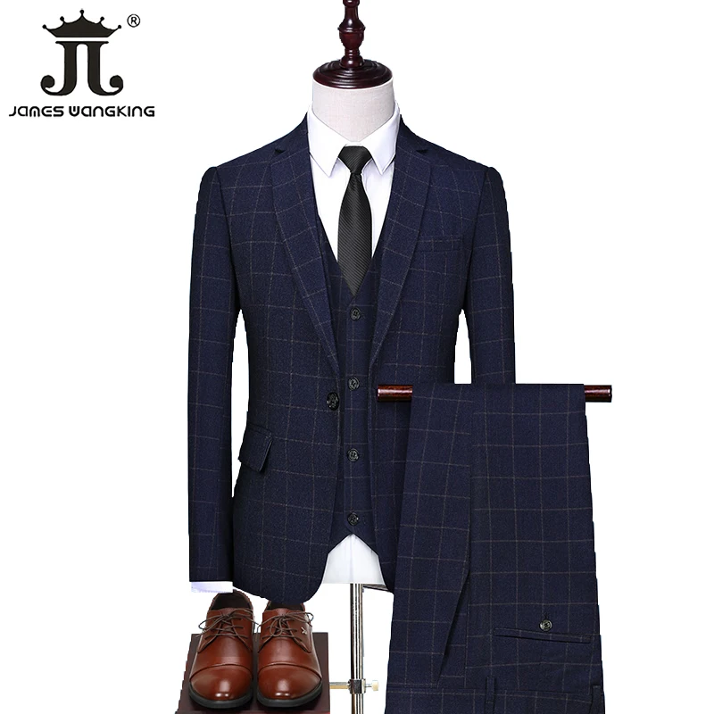 

S-5XL ( Blazer + Vest + Pants 3Pcs) Groom Wedding Dress Business Casual Plaid Suit Mens Slim Social Ball Tuxedo Formal Workwear