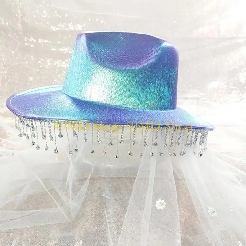 49MD Sparkly Tassel +Cowboy Hat Color Fedora Hat for Bachelorette Party Hat All-match for Street