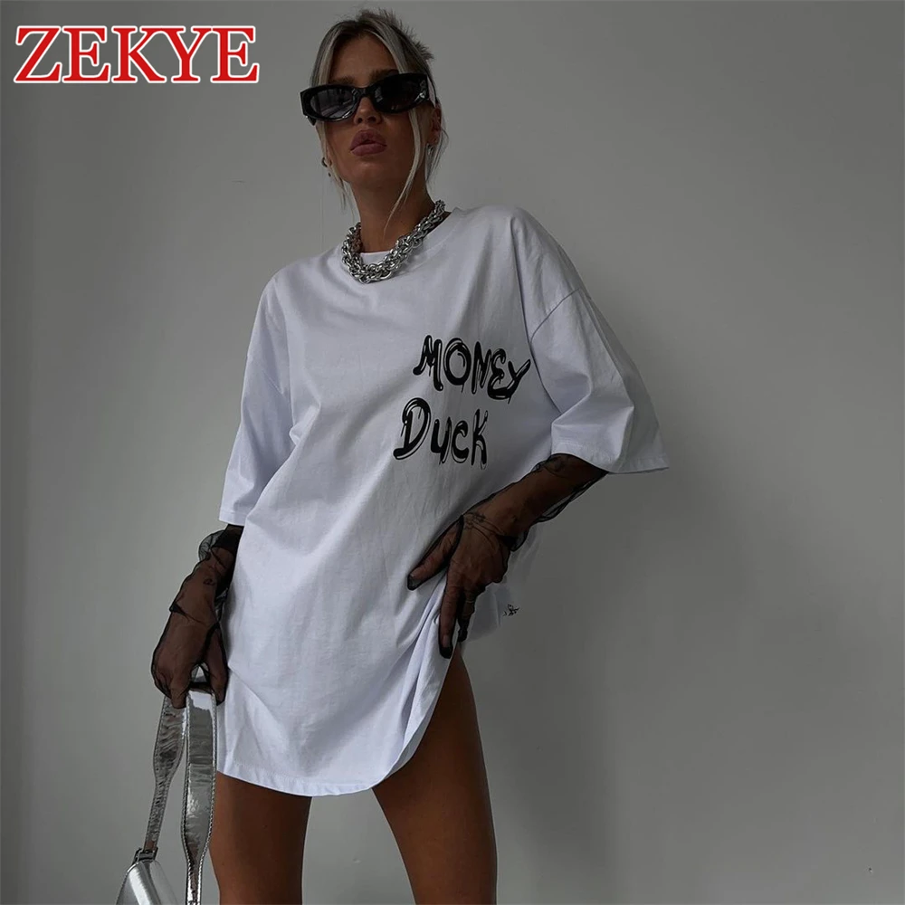 Zekye w stylu Basic Casual biały T Shirt damski z nadrukiem na lato luźny koreański styl 90S estetyczny Streetwear moda O dekolt