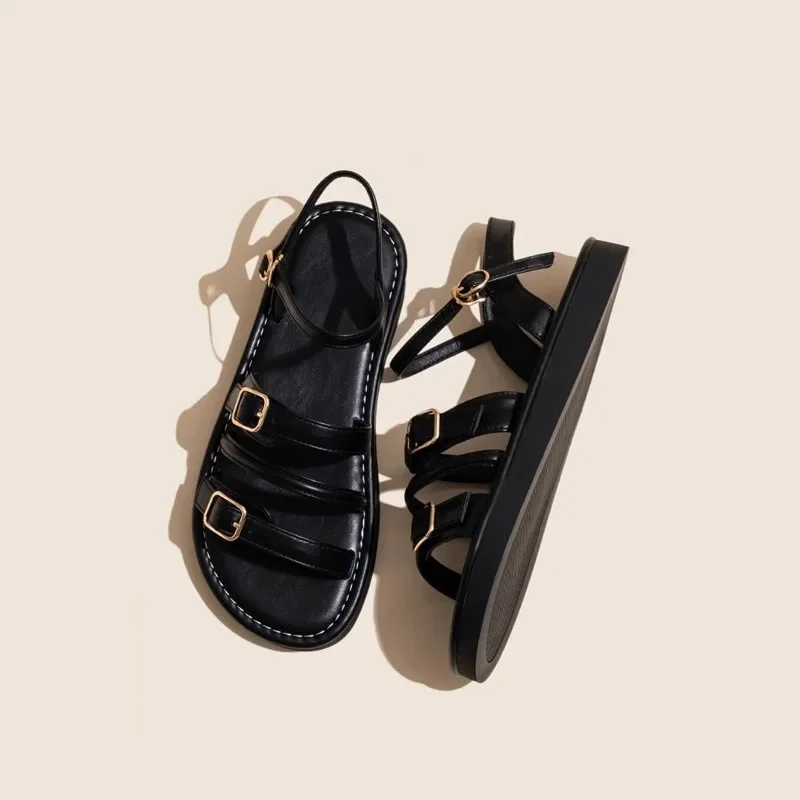 Sandalias Planas de Mujer Estilo Romano para Verano, Uso en Exteriores, Suela Suave, Zapatos de Playa Modernos con Hebilla y Correa, Punta Abierta